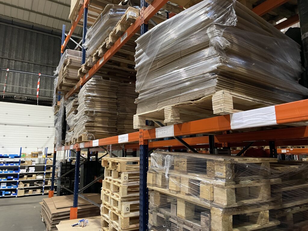 Pallets filmed and placed on a shelf